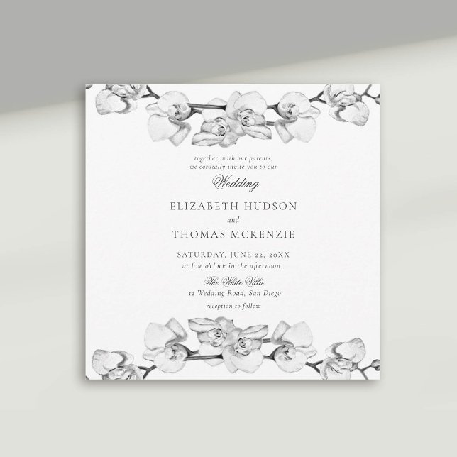 Invitación Esbozo de arte de orquídeas blancas Boda romántico (white orchid wedding invitation modern classic art sketch black white)