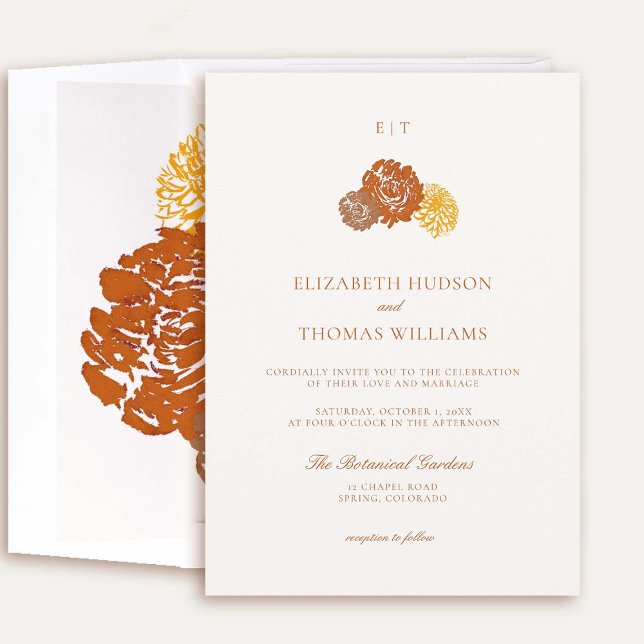 Invitación Esbozo de arte floral de Dahlia Negrita formal bod (elegant fall wedding invitation dahlia earth bright terracotta burnt orange floral sketch formal)