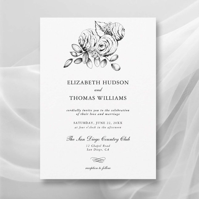 Invitación Esbozo de arte floral peony Boda clásico moderno (peony wedding invitation modern classic formal  floral sketch black white elegant romantic)