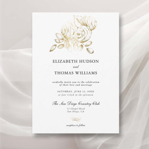Invitación Esbozo de arte floral Peony Faux Gold Classic Boda