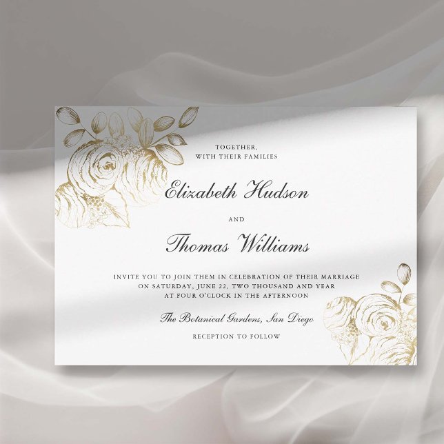Invitación Esbozo de arte peony Boda de oro Faux Classic (peony wedding invitation modern classic formal  floral sketch frame horizontal elegant faux gold)
