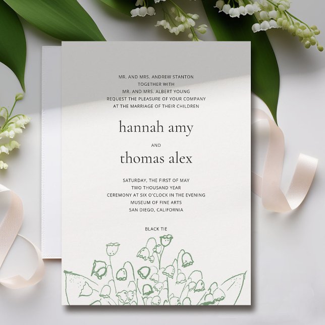 Invitación Esbozo de arte verde Lily Valley Boda formal moder (lily of the valley wedding invitation formal modern elegant green floral sketch fine art romantic)
