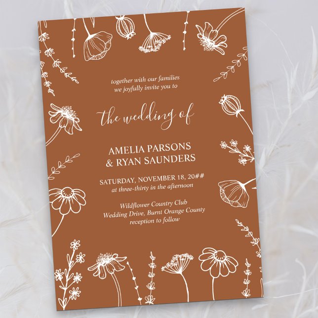 Invitación Esbozo de Flor Silvestre Terracotta Boda Floral Si (Wedding Invitation in Terracotta Burnt Orange, from my Wildflower Sketch collection)
