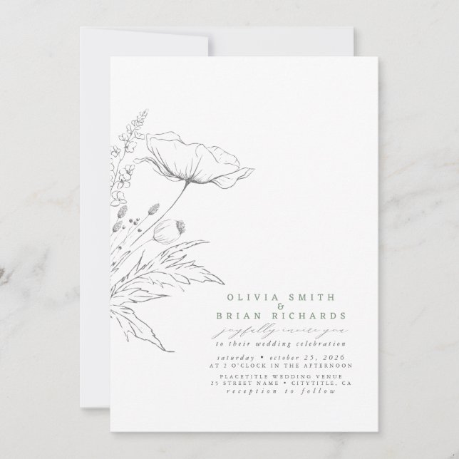 Invitación Esbozo de flores silvestres Boda elegante de gris  (Anverso)