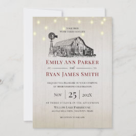 Invitación Esbozo de granjas de campo y luces de cuerdas