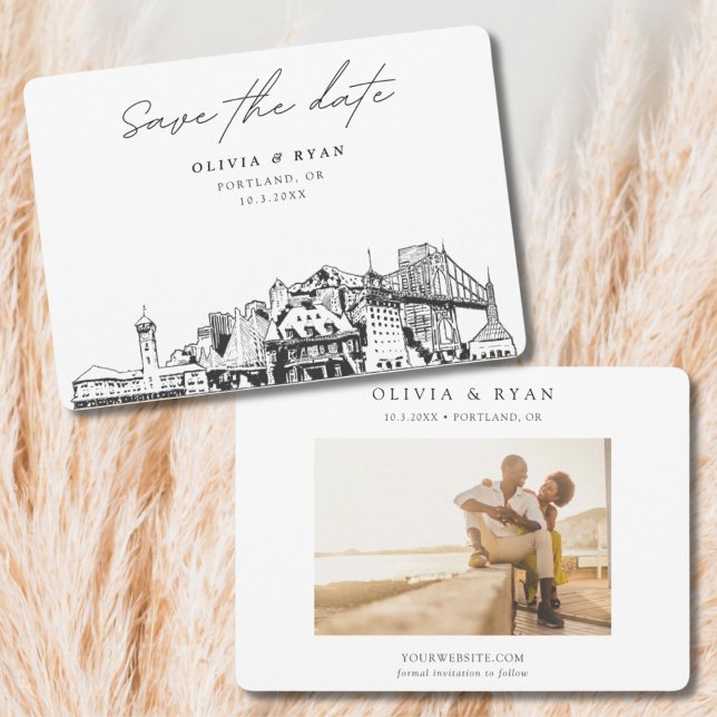 Invitación Esbozo de la línea aérea Boda de Portland Guardar  (Portland Save the Date Black and White Skyline with Engagement Photo)