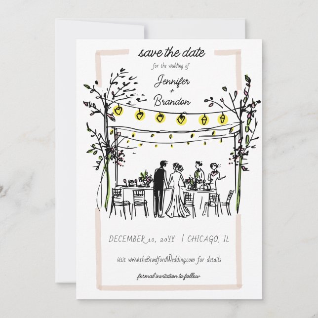 Invitación Esbozo de mano del Boda de verano Guardar la fecha (Reverso)