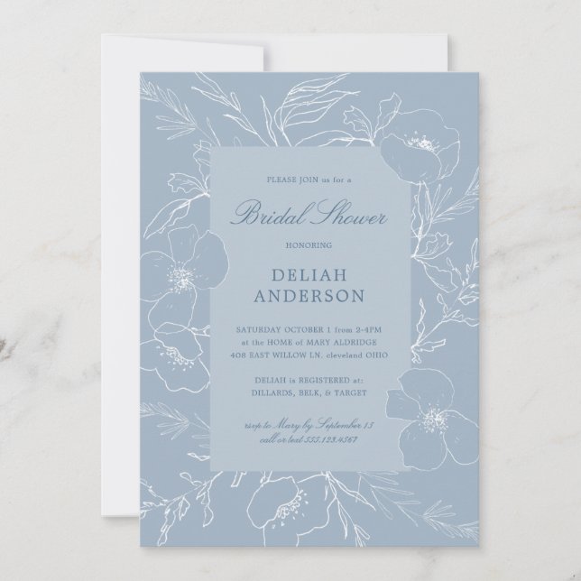 Invitación Esbozo de mano Peony Dusty Blue Floral Bridal Show (Anverso)