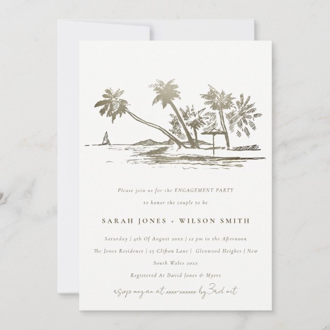 Invitación Esbozo de oro de Palm Tree Tropical Beach (Anverso)