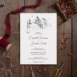Invitación Esbozo dibujado a mano en el bosque de montaña