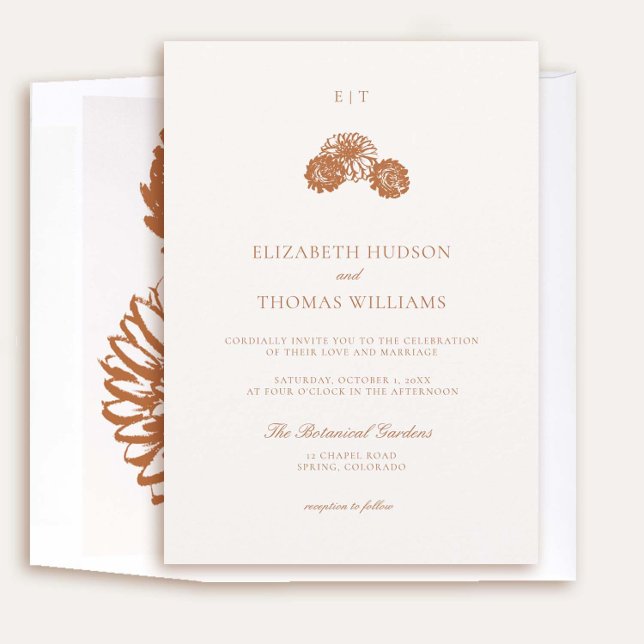 Invitación Esbozo floral de Dahlia Monogramas Boda formal de  (elegant fall wedding invitation dahlia earth terracotta burnt orange floral sketch formal modern)