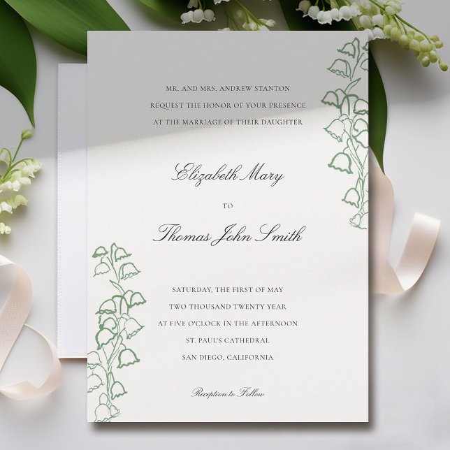 Invitación Esbozo floral Frame Lily Valley Boda formal (lily of the valley wedding invitation formal traditional elegant green floral sketch fine art drawn )