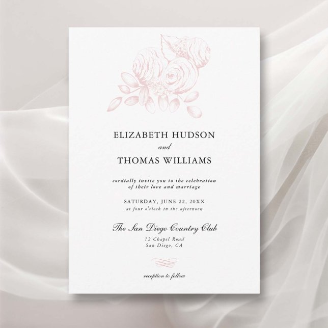Invitación Esbozo floral Peony Boda formal clásico moderno (peony wedding invitation modern classic formal  floral sketch elegant romantic garden spring summer )