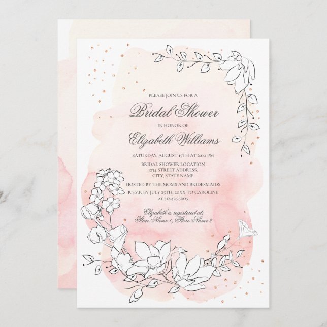 Invitación Esbozo Floral Rubor Pink Bridal Shower (Anverso / Reverso)