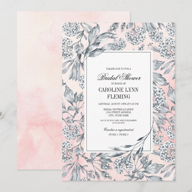 Invitación Esbozo Floral Rubor Pink Bridal Shower (Anverso / Reverso)