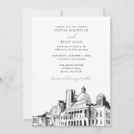 Invitación Esbozo moderno de la línea de Boda de Boston en bl