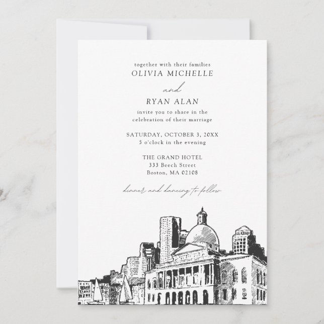 Invitación Esbozo moderno de la línea de Boda de Boston en bl (Anverso)