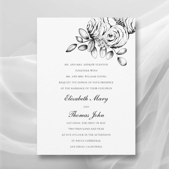 Invitación Esbozo peónico Boda clásico formal blanco negro (peony wedding invitation formal traditional parents name floral sketch black white classic romantic)