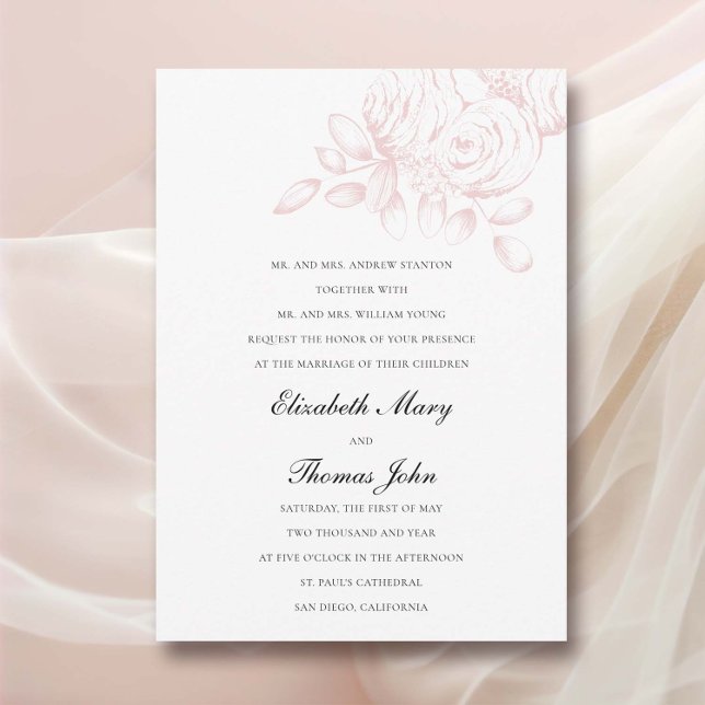 Invitación Esbozo peónico Boda formal tradicional de Rubor ro (peony wedding invitation formal traditional parents name floral sketch pink blush classic romantic)