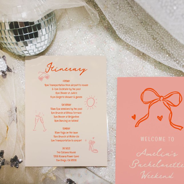 Invitación Esbozo rosa y rojo Bachelorette Weekend Itinerario (Pink and red sketch illustrations bachelorette party weekend itinerary and welcome card.)