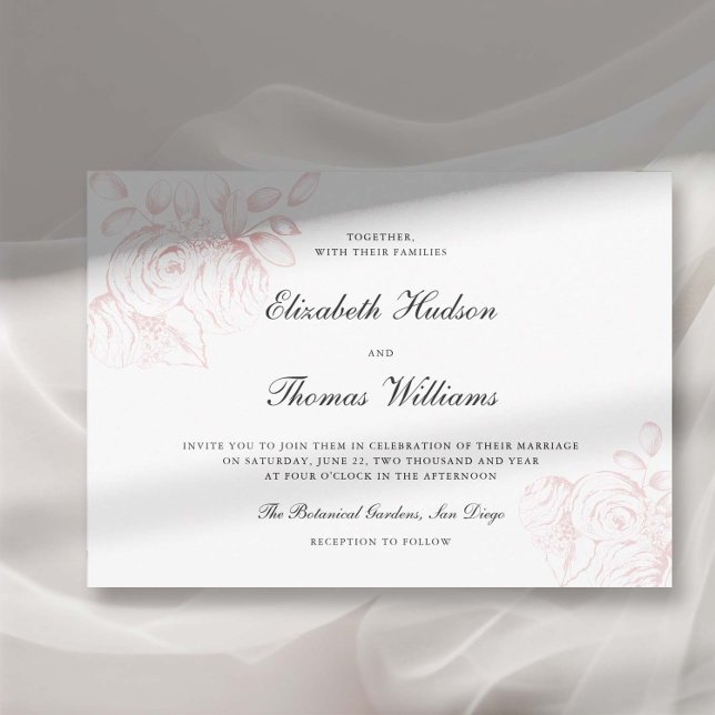 Invitación Esbozo rosado Peony Boda de estilo clásico moderno (peony wedding invitation modern classic formal  floral sketch frame horizontal elegant romantic)