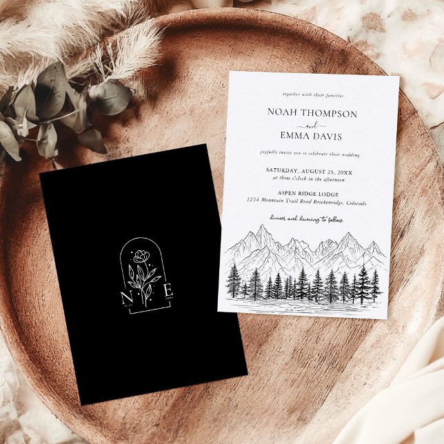 Invitación Esbozo rústico de montaña Woodland Pine Black Boda (Subido por el creador)
