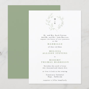 Invitación Esbozo simple Wreath Monograma Sage Green Boda