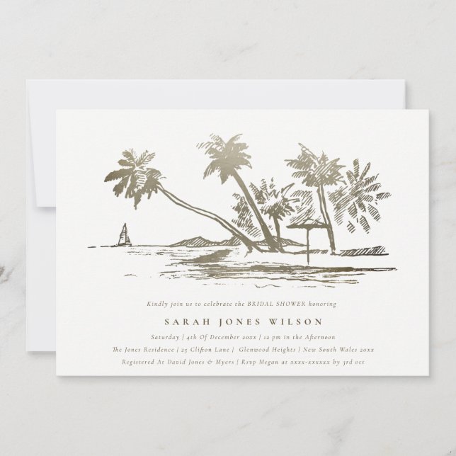 Invitación Esbozo Tropical Beach Palm Tree Ducha Dorada Nodal (Anverso)