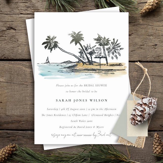 Invitación Esbozo tropical de palmeras en la playa Ducha de n (Subido por el creador)