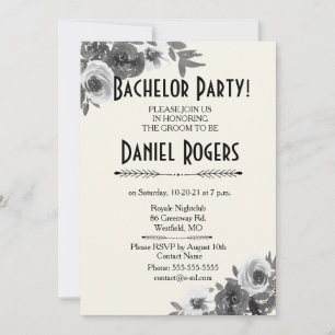 Invitación Escala de Grises de la Fiesta de Soltero Floral de
