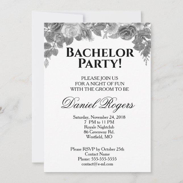 Invitación Escala de grises de rosas y despedida de soltero c (Anverso)