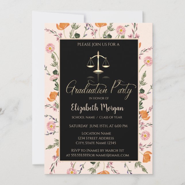 Invitación Escala de Justicia de Oro Flores Silvestres Gradua (Anverso)