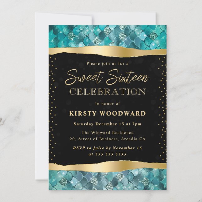 Invitación Escala de sirenas verde azulada y dorada dulce 16 (Anverso)