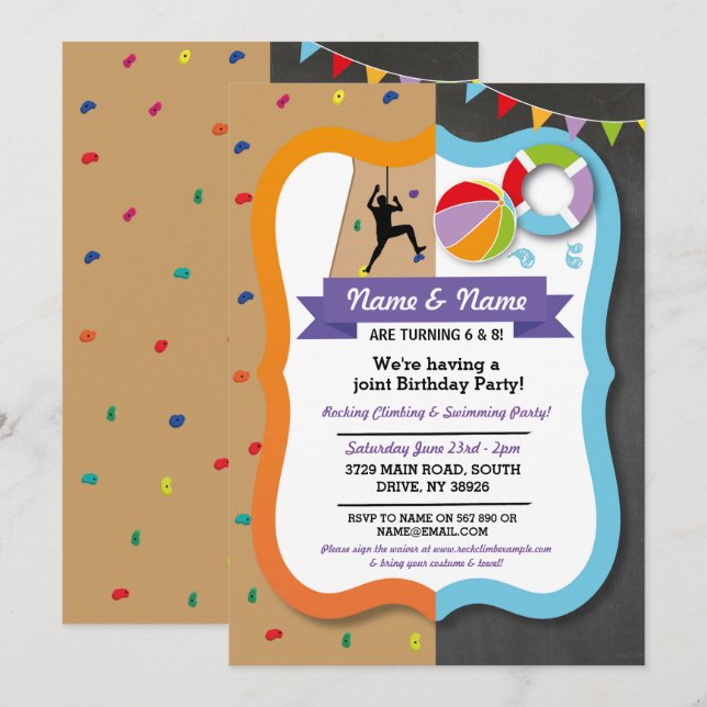 Invitación Escalada de Rocas y Chica de Natación (Anverso / Reverso)