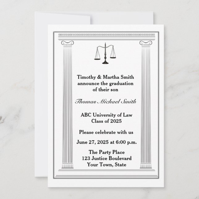 Invitación Escalas de justicia, columnas romanas, graduación (Anverso)