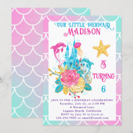 Invitación Escama de Sirenita Rosa Turquesa Blanco Cumpleaños