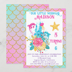 Invitación Escama de Sirenita Rosa Turquesa Cumpleaños Dorado