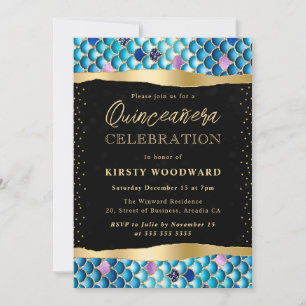 Invitación Escamas de Sirena Azules y Doradas Quinceañera