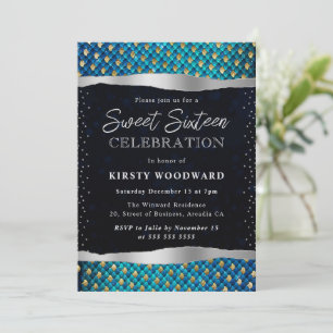 Invitación Escamas de sirena azules y doradas Sweet 16