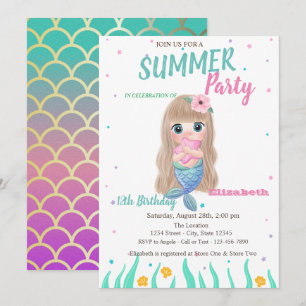 Invitación Escamas de Sirena Bebé  Conchas de Caracol Fiesta 