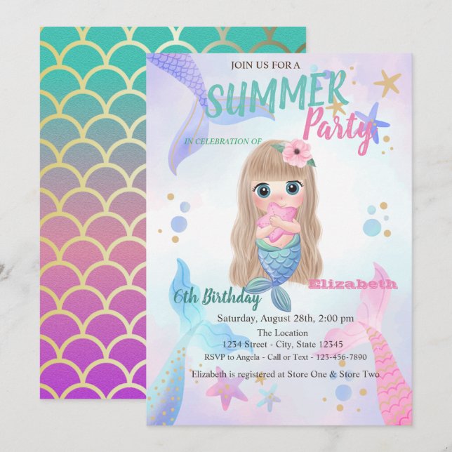 Invitación Escamas de Sirena Bebé Estrellas de Mar Fiesta de  (Anverso / Reverso)