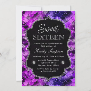 Invitación Escamas de Sirena con Brillo Rosa y Morado Cumplea