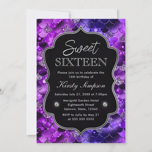 Invitación Escamas de Sirena con Brillo Rosa y Morado Cumplea (Anverso)