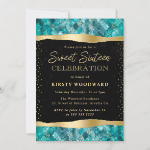 Invitación Escamas de sirena doradas y turquesa Sweet 16