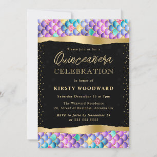 Invitación Escamas de Sirena Iridescentes y Doradas Quinceañe