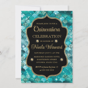 Invitación Escamas de sirena iridiscentes y doradas Quinceane