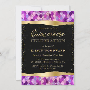 Invitación Escamas de Sirena Moradas y Doradas Quinceañera