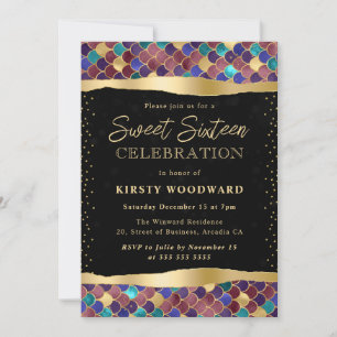 Invitación Escamas de Sirena Multicolor y Doradas Cumple Dulc