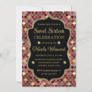 Invitación Escamas de Sirena Rojas y Doradas Marco Sweet 16