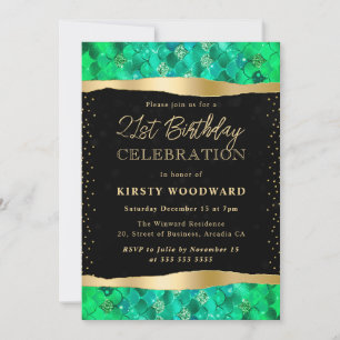 Invitación Escamas de Sirena Verdes y Doradas Cumpleaños 21